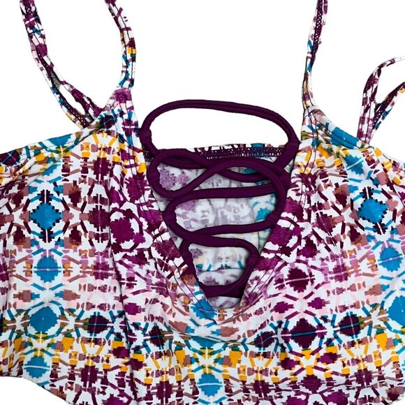 NWT Hula Honey Flounce Bikini Top Junior's Size Small Wine Multi Print Lace Up - Picture 5 of 11